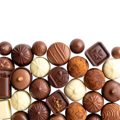 Assorted chocolate candies of various shapes and colors, close up