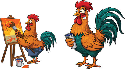Funny rooster painting sunrise, creative chicken artist with brush and coffee, cartoon farm bird illustration, animal art concept design