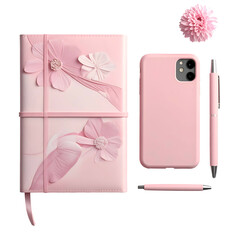 Pastel pink still life of a floral-adorned journal, phone, pen, and flower on black