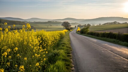 Naklejka premium Golden hour sunrise over a country road lined with blooming yellow flowers