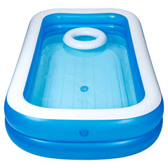 Rectangular inflatable pool with white rim, filled with water, and a floating inner tube