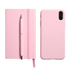 A pink notebook with a pen, and a phone in a pink case, all set against a black background