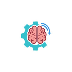 Mind gear, cognitive engine, brainstorming icon logo flat vector design