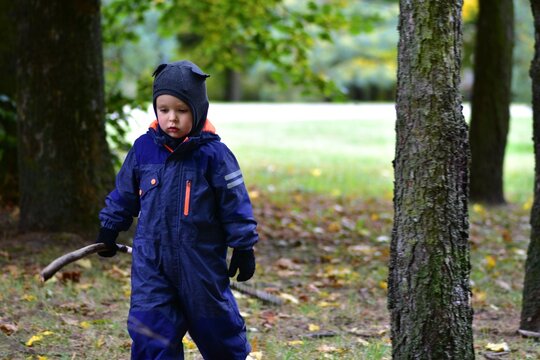 Smiling boy in warm blue waterproof overall holds a stick while playing outdoors in an autumn park. Happy child enjoys exploring nature among trees and fallen leaves, imagining adventure in the forest