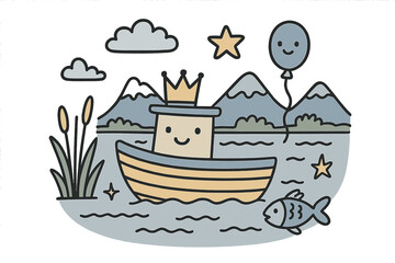 Fototapeta premium Charming Lake Doodle. Lake landscape illustration doodle style: hand drawn boat with smile, crown, star, balloon, fish, mountains,