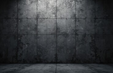 Dark concrete wall, floor show texture. Grunge surface cracks, blots. Background shows architecture element. Cement blocks create industrial mood. Interior space demonstrates urban style in dim light.