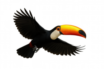 Toucan flying, moving wings, tropical bird with large colorful orange beak, cutout on transparent background