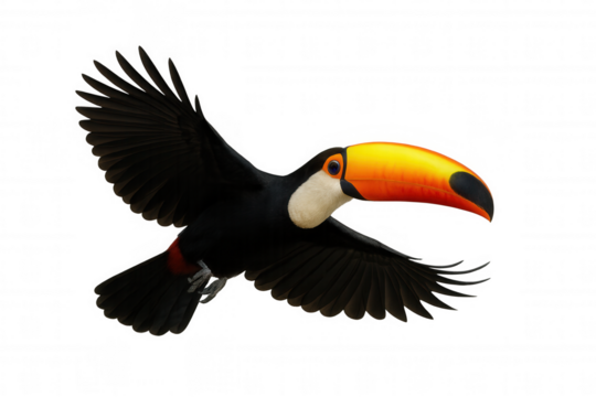 Toucan flying, moving wings, tropical bird with large colorful orange beak, cutout on transparent background
