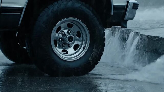 SUV driving on a wet road, stopping at a chasm from a collapsed bridge.