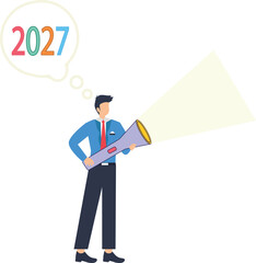 Businessman illuminating the future with a flashlight, envisioning 2027 with optimism and strategic planning for upcoming business opportunities vector style flat illustration
