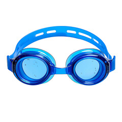 Close-up of blue swimming goggles with transparent lenses and adjustable strap, isolated
