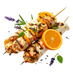 Grilled chicken skewers with orange slices, wrapped in tortillas, garnished with herbs