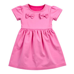 A bright pink child's dress with short sleeves, two bows, and a gathered skirt