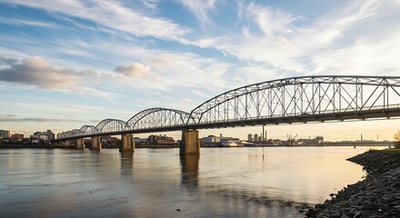 Obraz premium The historic big four bridge spans the ohio river at sunset, connecting louisville, kentucky, and jeffersonville, indiana, with a vibrant sky