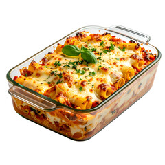 Baked pasta dish in a glass rectangular dish, golden melted cheese, fresh herbs
