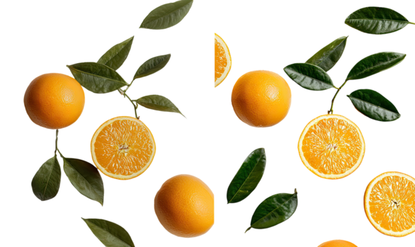 Fresh oranges and leaves scattered