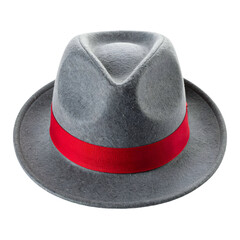 Grey fedora hat with a red band, isolated against a stark black background