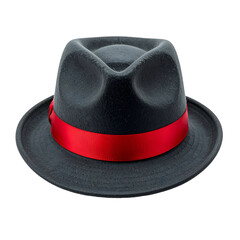 A classic fedora hat, black felt with a vibrant red band, isolated on black background