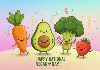 Happy National Vegan Day Cartoon Vegetables: A cheerful, colorful illustration featuring four anthropomorphic, smiling vegetables and fruit characters (carrot, avocado, broccoli, and strawberry) stand