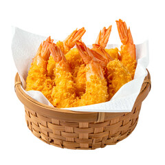 A basket of golden-fried, crispy shrimp, resting on a white paper towel, isolated
