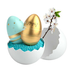 Two decorated eggs in cracked shell, one with a blossom, resting on blue sand