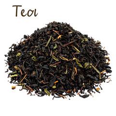 Pile of dried tea leaves, some green, with the word "Teai" written on top