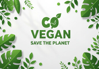 Go Vegan Save the Planet Graphic Design: A bright, high-key graphic design featuring the large, stylized green text "GO VEGAN" with a leaf and checkmark logo, and the subtitle "SAVE THE PLANET." The t