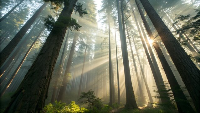 Sunlight beams through tall redwood trees in a misty forest - Powered by Adobe