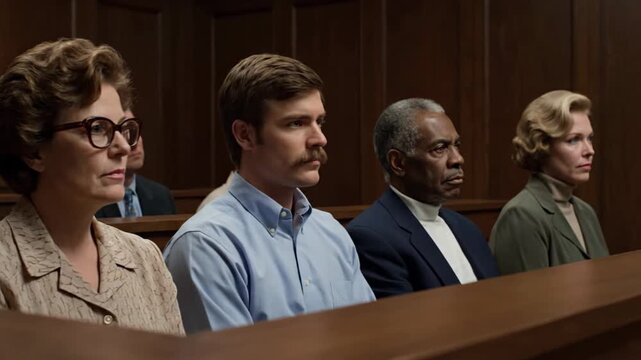 A defendant and his family listen intently during a courtroom trial.