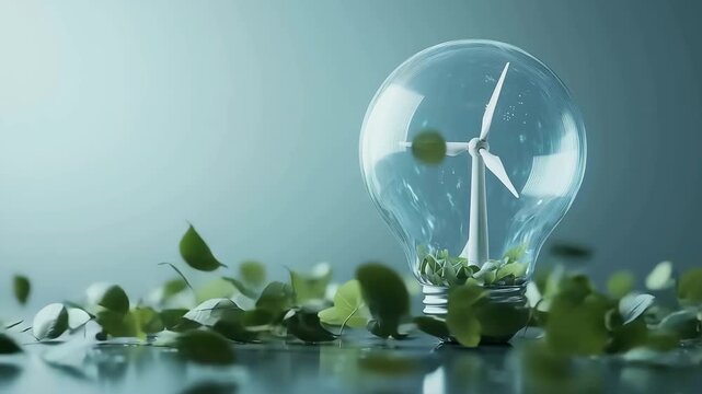 Wind Turbine Inside Glass Light Bulb With Flying Leaves Representing Green Energy