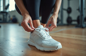 Woman in sportswear prepares to run in gym. She ties shoelace on white sneaker before workout. Athlete gets ready for training session indoor.
