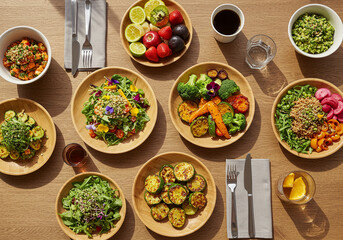  Happy National Vegan Day Cartoon Vegetables: A cheerful, colorful illustration featuring four anthropomorphic, smiling vegetables and fruit characters (carrot, avocado, broccoli, and strawberry) stan