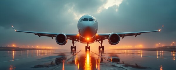 Modern cargo plane prepares for takeoff on runway at night. Aircraft stands on wet tarmac with lights reflecting. Jet is ready for freight flight under cloudy sky after sunset.