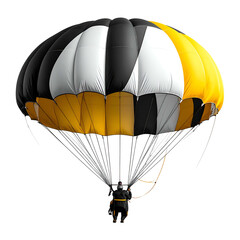 Skydiver in a colorful parachute, viewed from below, isolated against a black background