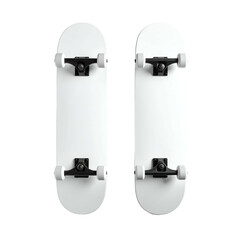 Two white skateboards, top view, isolated on black background, ready for action