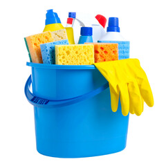 A blue bucket overflowing with cleaning supplies sponges, bottles, and yellow gloves