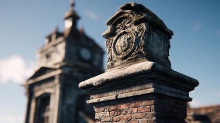 Obraz premium Historic stone pillar marks the entrance of an old clock tower in a sunny town square
