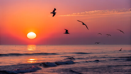 Obraz premium Seagulls flying at sunset over the ocean with vibrant colors