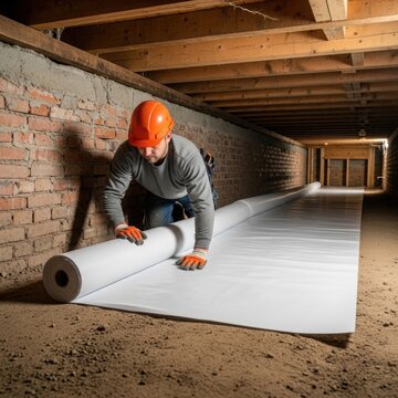 worker installing vapor barrier, Construction worker in helmet and gloves installs white vapor barrier sheet in crawl space with brick wall and wooden beams. Concept: home insulation, foundation prot