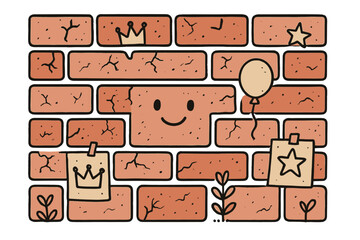 Whimsical Brick Wall. Brick wall texture illustration doodle style: hand drawn bricks with smile, crown, star, balloon, cracks,