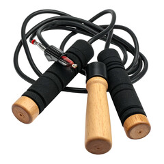 Overhead shot of a black jump rope with three handles, one wood and two with foam grips