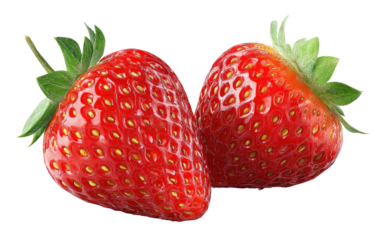 Two fresh, vibrant strawberries.  Close-up, isolated against black background.  Red, glossy fruit with visible seeds.  Green leafy tops
