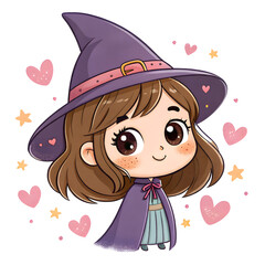 Cute Watercolor Little Witches Clipart Set – Kawaii Halloween Girls, Magic Cauldron and Broomstick