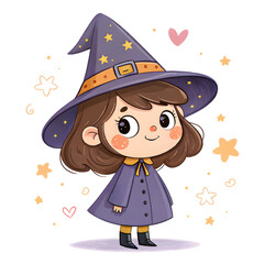 Cute Watercolor Little Witches Clipart Set – Kawaii Halloween Girls, Magic Cauldron and Broomstick