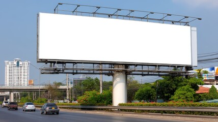 Obraz premium Blank urban billboard mockup with a clear sky for advertisement, standing next to a busy suburban highway