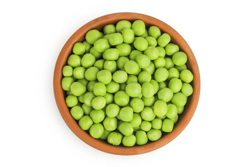 Fresh green peas in ceramic bowl isolated on white background. Top view. Flat lay