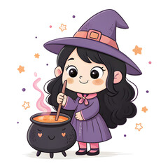 Cute Watercolor Little Witches Clipart Set – Kawaii Halloween Girls, Magic Cauldron and Broomstick