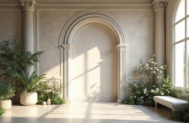 Bright room interior features arch detail. Architectural design presents classic columns, sunlight, shadows. Green plants decorate hall. Luxury space suitable for event wedding photography venue with
