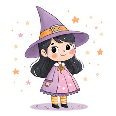 Cute Watercolor Little Witches Clipart Set – Kawaii Halloween Girls, Magic Cauldron and Broomstick
