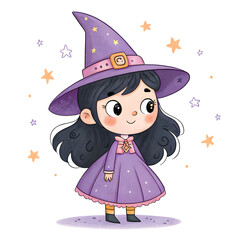 Cute Watercolor Little Witches Clipart Set – Kawaii Halloween Girls, Magic Cauldron and Broomstick